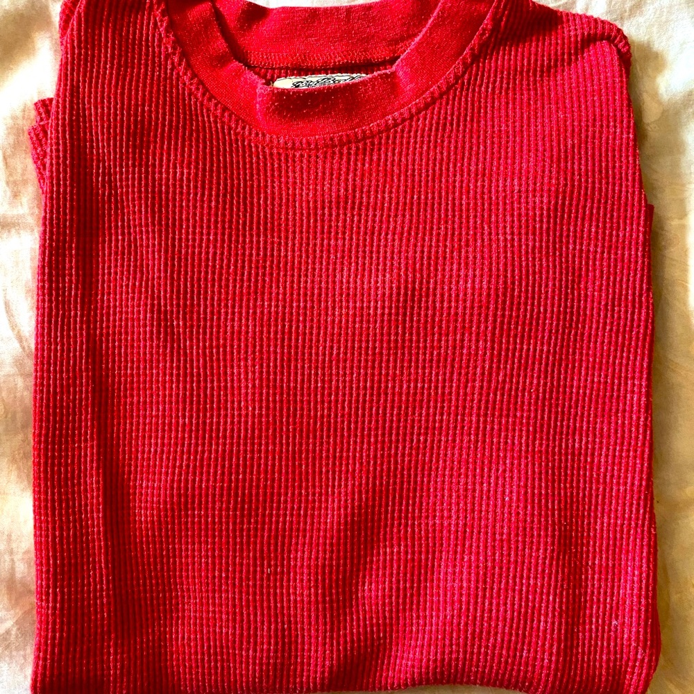 Men’s red ribbed henley thermal long sleeve shirt